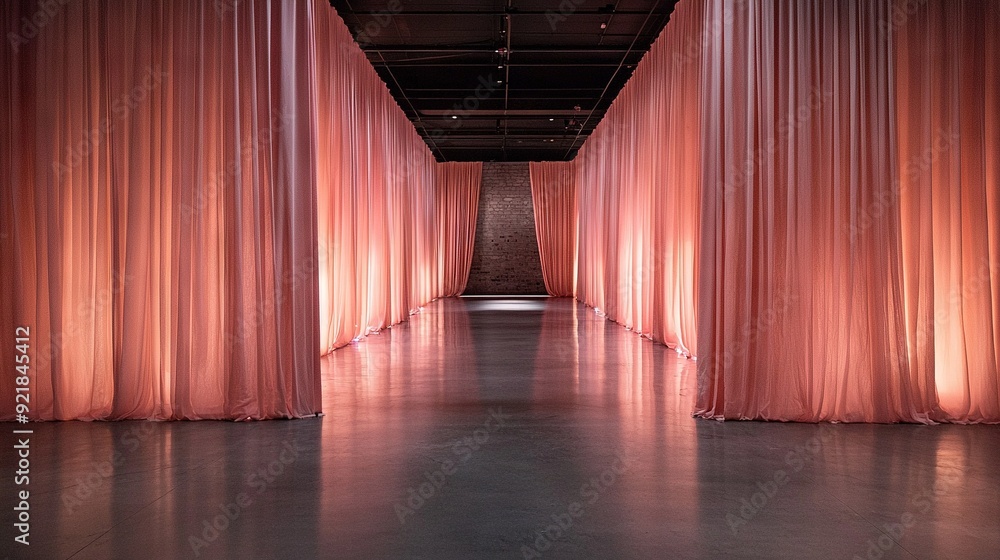 Fototapeta premium A hallway adorned with pink curtains and a clock hanging at its endpoint