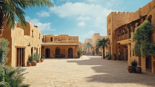 A narrow cobblestone street winds through a traditional Middle Eastern village, with buildings of pale yellow adobe brick, adorned with intricate details and wooden doors and windows. 