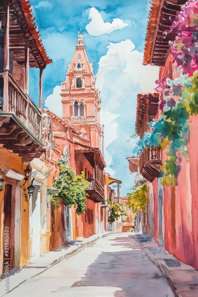 Fototapeta premium Watercolor Painting of a Narrow Street in a Historic Latin American City
