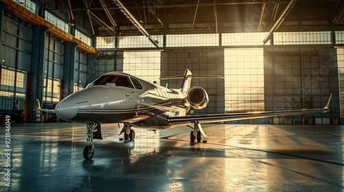 Private Jet Parked in Hangar with Sunlight Streaming Through Doors