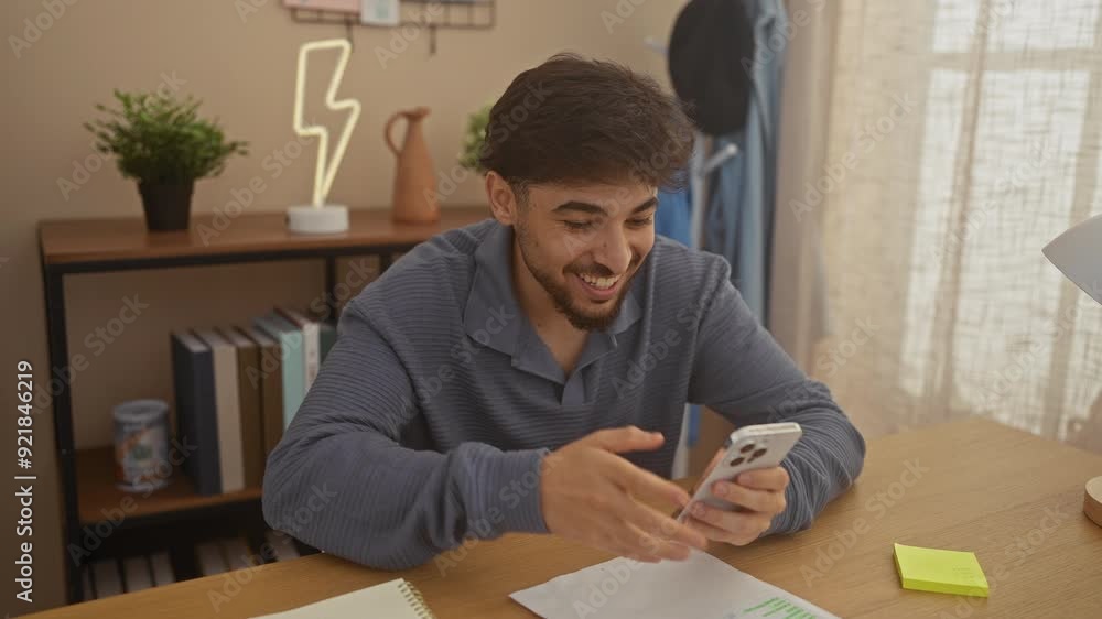 A jubilant young man celebrates good news on his smartphone in a cozy, contemporary apartment living room, depicting positivity and success. A jubilant young man celebrates good news on his smartphone in a cozy, contemporary apartment living room, depicting positivity and success.