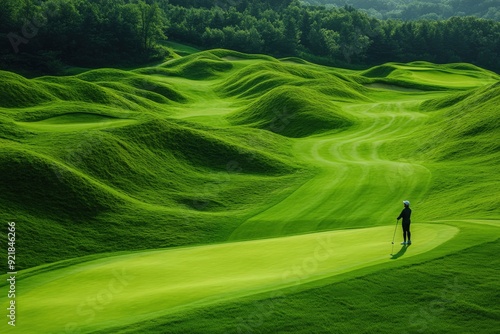 A golfer stands poised on a golf course featuring rolling green hills and surrounded by natural beauty, capturing a moment of focus and tranquility under a clear sky. photo