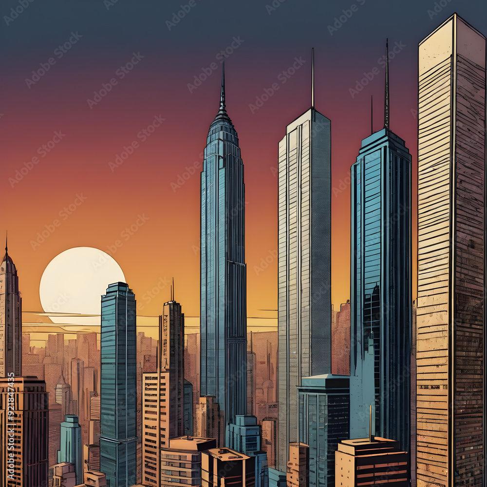 Fototapeta premium Skyscrapers in the city at sunset. 3d rendering