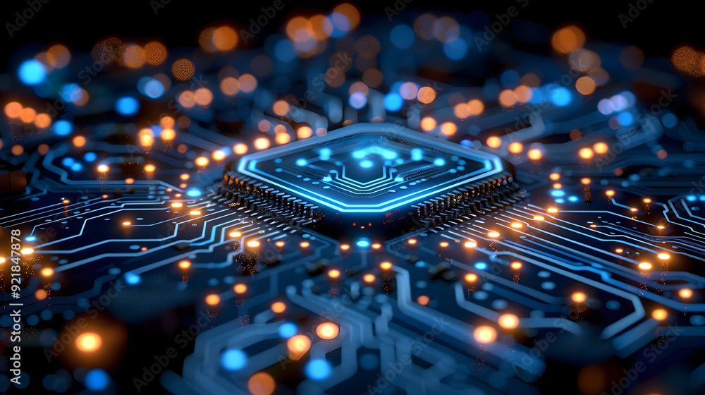 Obraz premium Abstract 3D Illustration of a Circuit Board with Glowing Lights