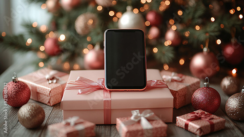 Illustration of a gift box with a smartphone mockup, designed for a digital marketing sale banner, with a white backdrop for online shopping promotions. photo