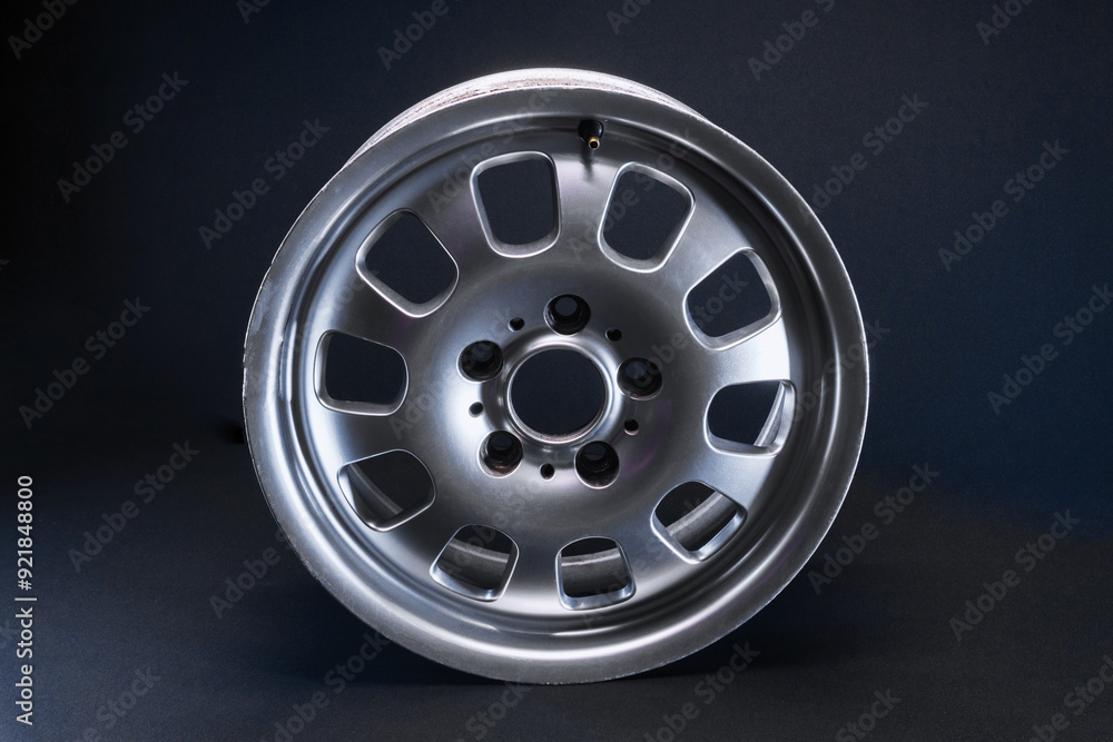 Obraz premium old car wheels titanium rims long exposure video on dark background spinning motion simulation