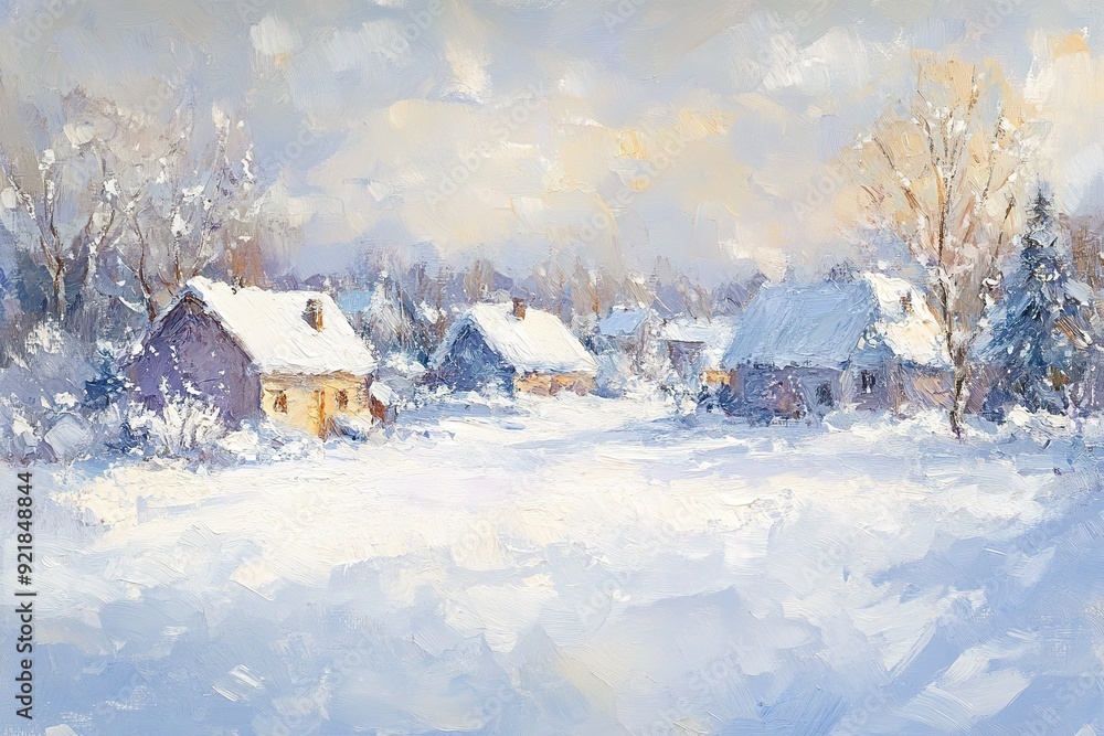 Naklejka premium Snow-covered village with cottages and trees under a cloudy sky