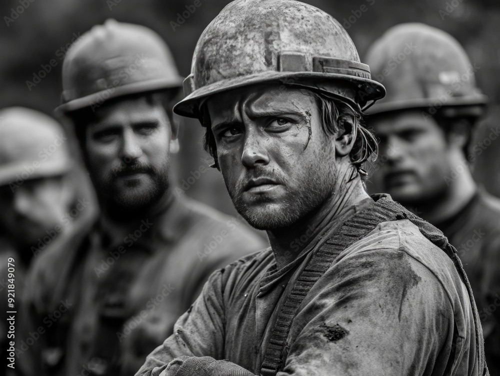 Group of workers wearing helmets and standing with crossed arms in a professional photograph Group of workers wearing helmets and standing with crossed arms in a professional photograph