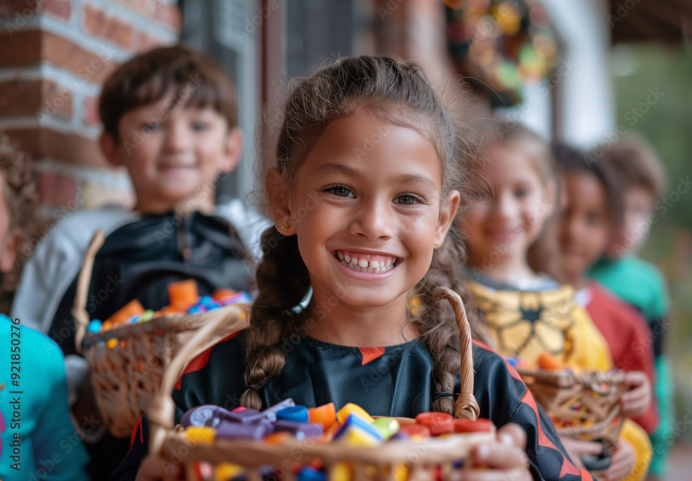 Children in costumes doing trick-or-treating on Halloween. Concept of Halloween activities for kids, trick-or-treating, and culture and tradition of the deceased. Children in costumes doing trick-or-treating on Halloween. Concept of Halloween activities for kids, trick-or-treating, and culture and tradition of the deceased.