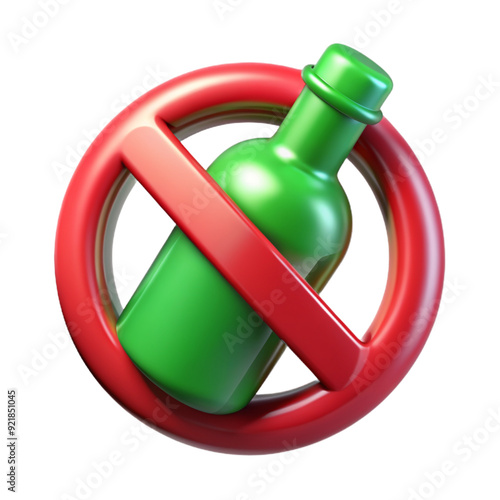 3D rendered cute isolated illustration of alcoholic bottle with stop sign prohibited, not allowed. concept - abstinence from alcohol, treatment of alcoholism, stop alcohol addiction, prohibition sale