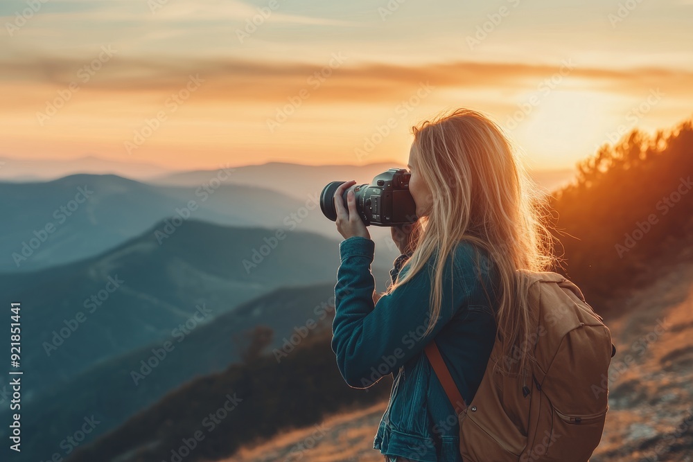 Young woman traveler captivated by the stunning sunset scenery in the mountain landscape Young woman traveler captivated by the stunning sunset scenery in the mountain landscape