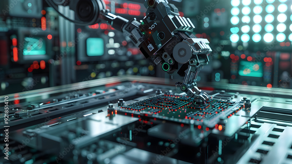Industrial Robotic Arm Assembling Circuit Board - 3D Illustration Industrial Robotic Arm Assembling Circuit Board - 3D Illustration