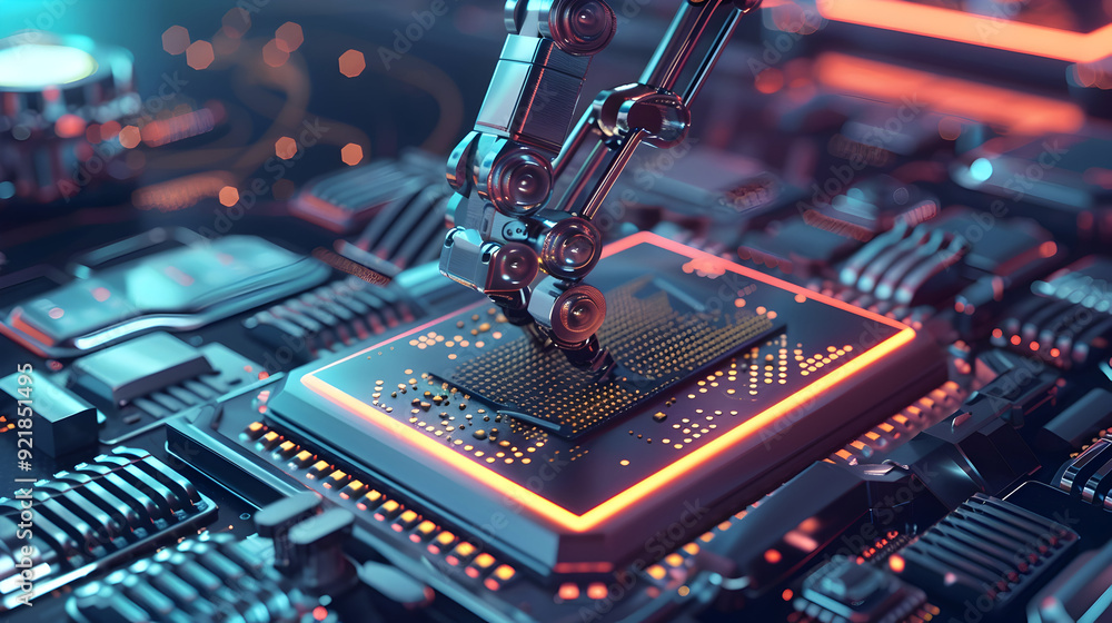 Robotic Arm Installing a Microchip on a Motherboard - 3D Illustration Robotic Arm Installing a Microchip on a Motherboard - 3D Illustration