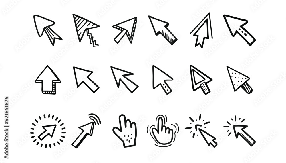 Cursor icon set. Doodle click icon set. Hand drawn mouse cursor. Hand drawn vector illustration. Isolated on white background.