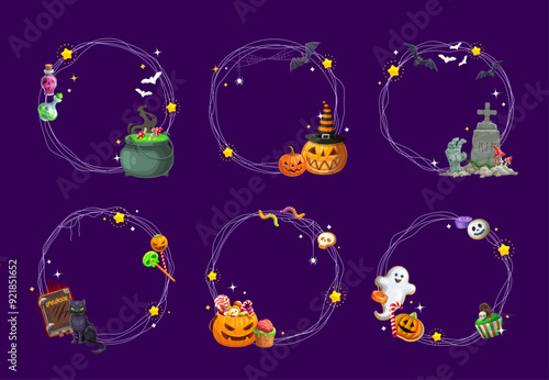 Halloween decorative frames with flying bats, holiday sweets and characters. Vector round borders with spooky jack lantern pumpkins, desserts, black cat and witch cauldron, delightful festive decor