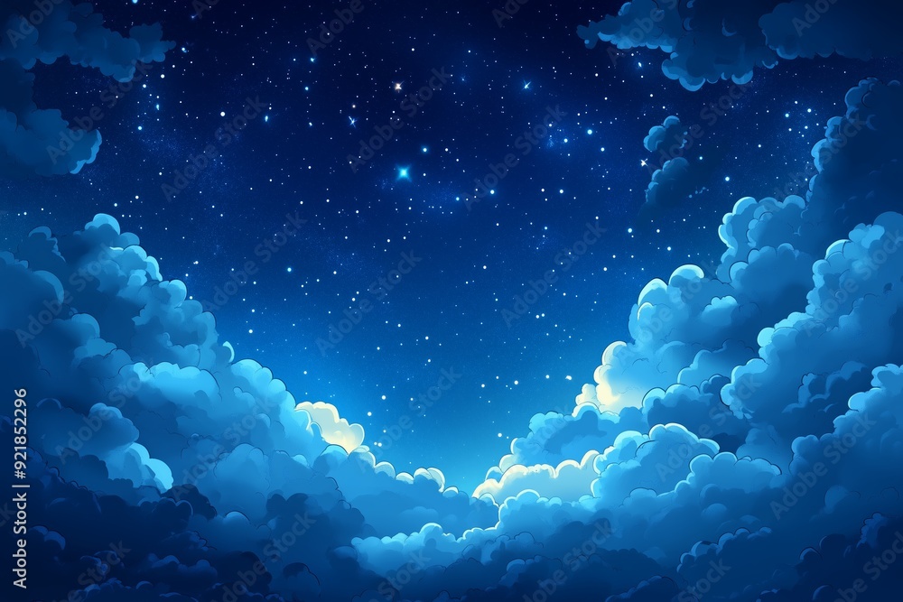 A serene illustration of a night sky filled with twinkling stars, surrounded by fluffy blue clouds. A serene illustration of a night sky filled with twinkling stars, surrounded by fluffy blue clouds.