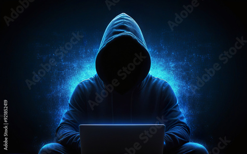 hacker, scammer, in a hoodie with his face covered in shadow, working with a laptop, cybersecurity