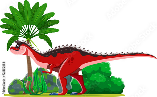 Carnotaurus cartoon prehistoric dinosaur. Vibrant red dino with black spots and spikes on its back, standing beside tropical plants and rocks in a landscape with lush green foliage and a palm tree