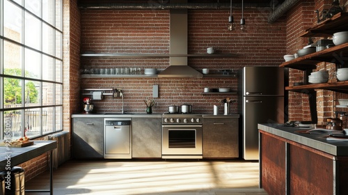 Wallpaper Mural Modern Industrial Kitchen with Exposed Brick Wall and Stainless Steel Appliances Torontodigital.ca
