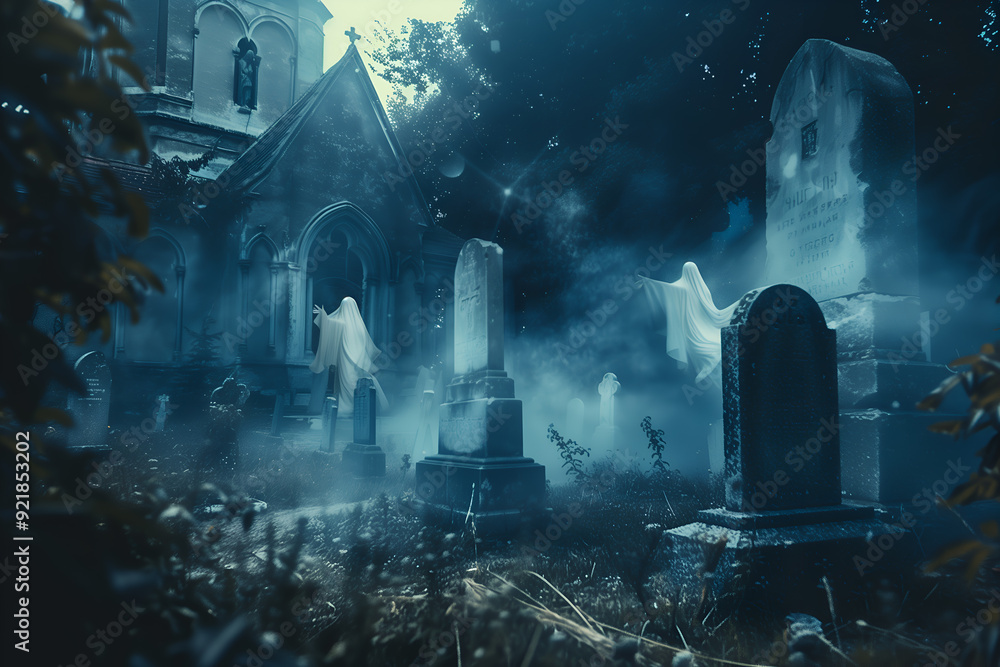 Obraz premium Creepy ominous atmosphere of a cemetery shrouded in fog, with crosses, skeletons, zombies, pumpkins for Halloween