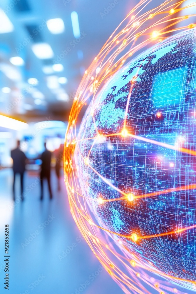 A high-tech representation of global business networking with a digital 3D globe, showcasing data streams A high-tech representation of global business networking with a digital 3D globe, showcasing data streams