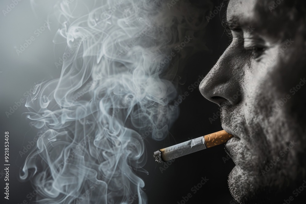 Obraz premium Close up of a man smoking with smoke artistically obscuring his face illustrating the hidden impacts of smoking