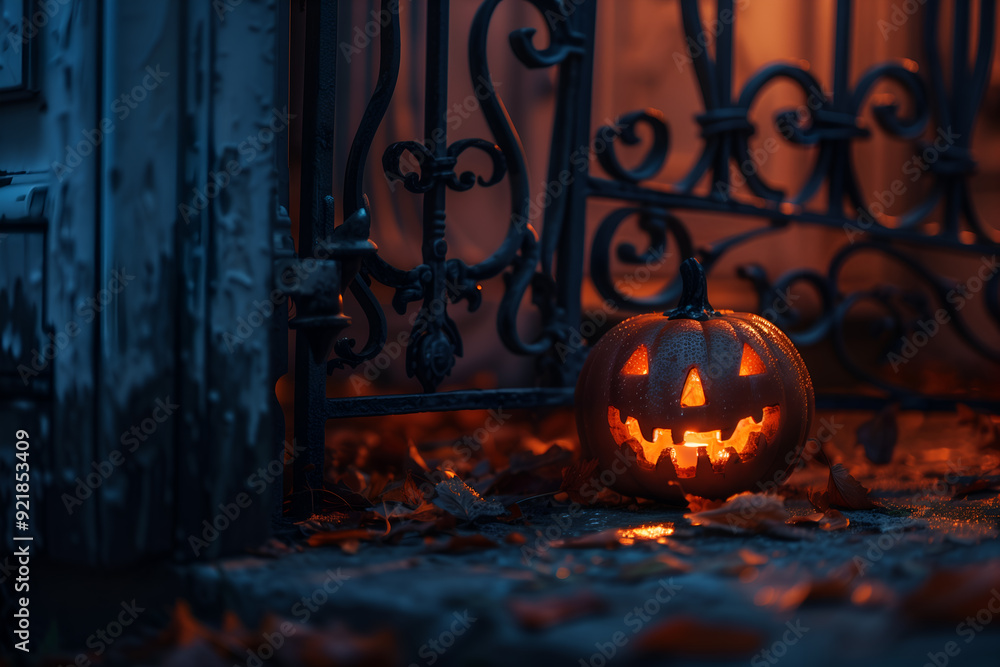 Obraz premium Jack O Lantern by the fence in the fog. Creepy, ominous Halloween atmosphere