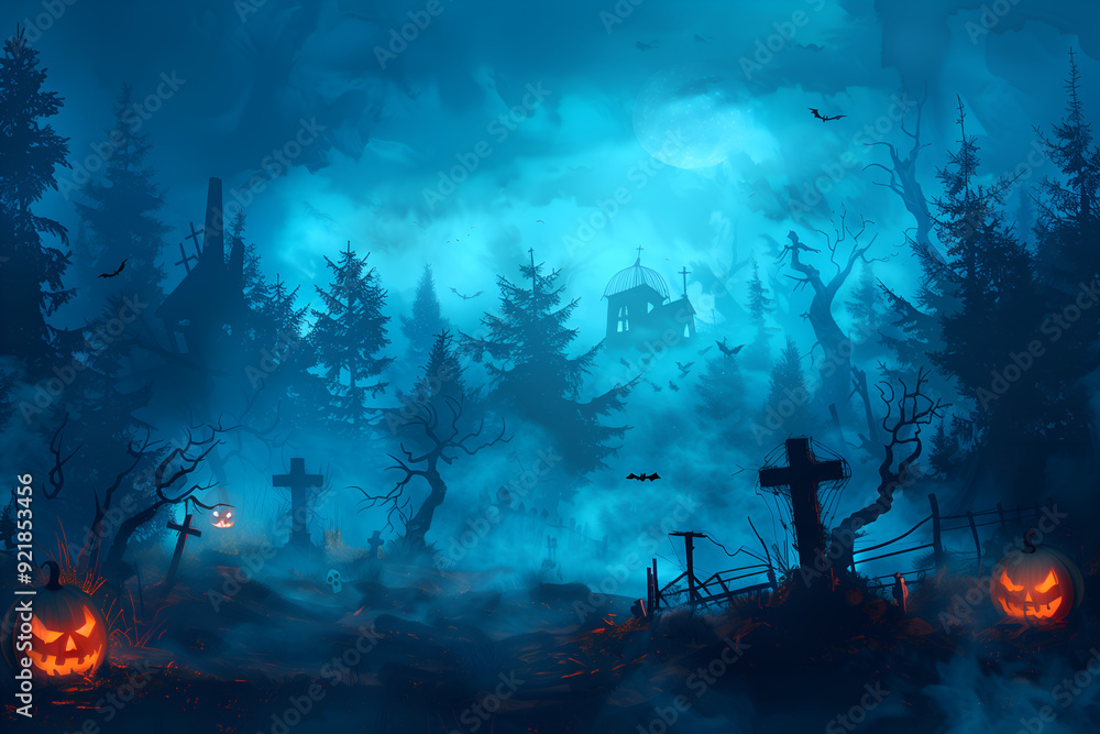 Creepy ominous atmosphere of a cemetery shrouded in fog, with crosses, skeletons, zombies, pumpkins for Halloween Creepy ominous atmosphere of a cemetery shrouded in fog, with crosses, skeletons, zombies, pumpkins for Halloween