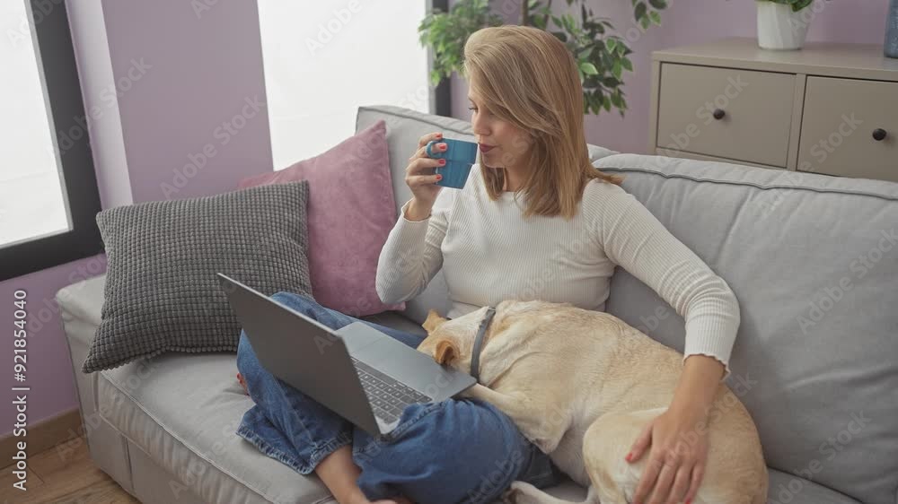 A young woman enjoys a coffee while working on her laptop, accompanied by her dog on a cozy sofa in a well-lit living room. A young woman enjoys a coffee while working on her laptop, accompanied by her dog on a cozy sofa in a well-lit living room.