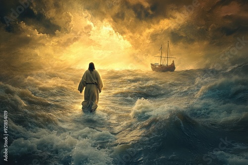 Jesus Christ walking on stormy water toward a fishing boat.	