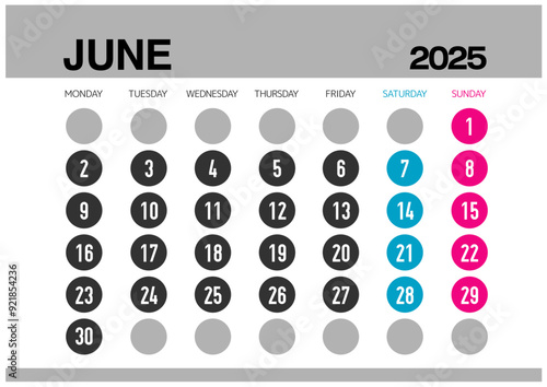 2025年の6月のカレンダー月曜始まり