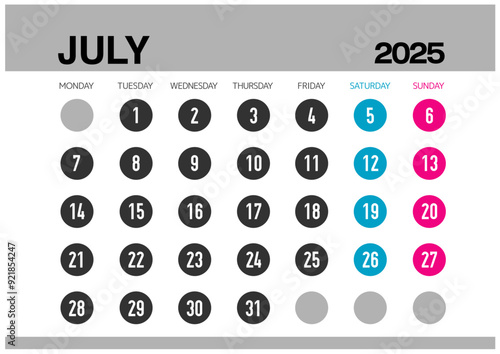 2025年の7月のカレンダー月曜始まり