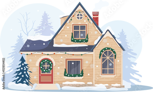 Christmas winter house facade exterior with snow trees. Vector scene of Xmas holiday town or village street with two storey building, festive door wreath, garlands and lights, snowy roof and chimney