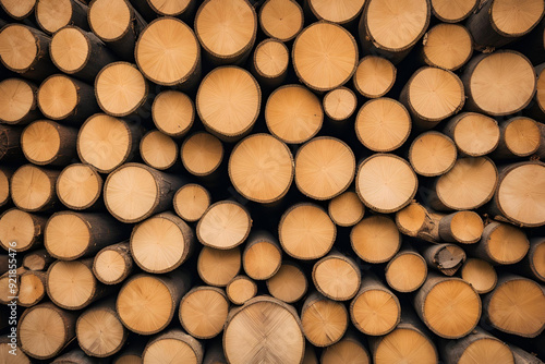 Wood abstract background. Pile of wooden pole. Stack of round timber logs. Large batch of wooden logs for industrial scale or manufacturing. Warehouse of material for furniture factory.