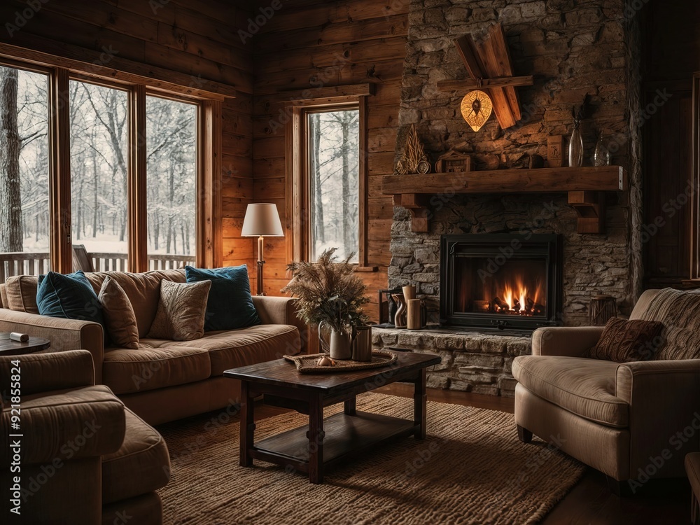 The living room has a warm and inviting atmosphere, featuring a comfortable sofa adorned with a knitted blanket. winter theme The living room has a warm and inviting atmosphere, featuring a comfortable sofa adorned with a knitted blanket. winter theme