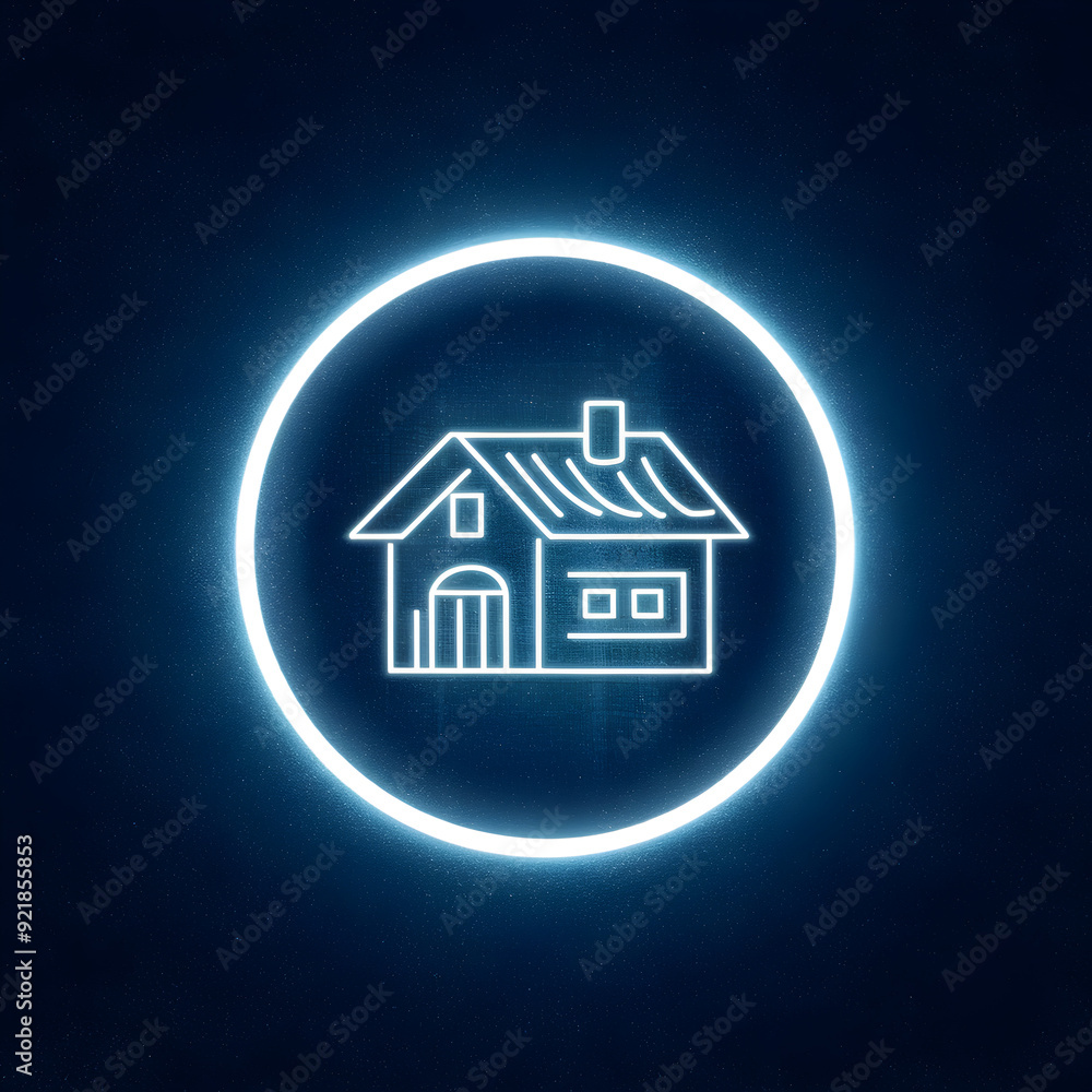 Neon House Icon: A minimalist and modern design of a house icon outlined in glowing neon blue, set against a dark blue background. Perfect for branding, web design, or social media. Neon House Icon: A minimalist and modern design of a house icon outlined in glowing neon blue, set against a dark blue background. Perfect for branding, web design, or social media.