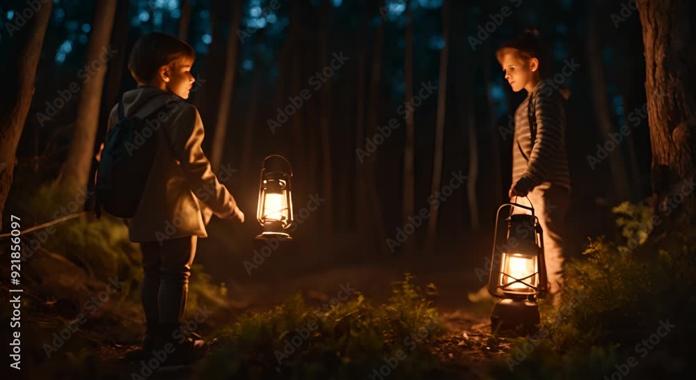 Children with a lantern in the forest at night. Children with a lantern in the forest at night.