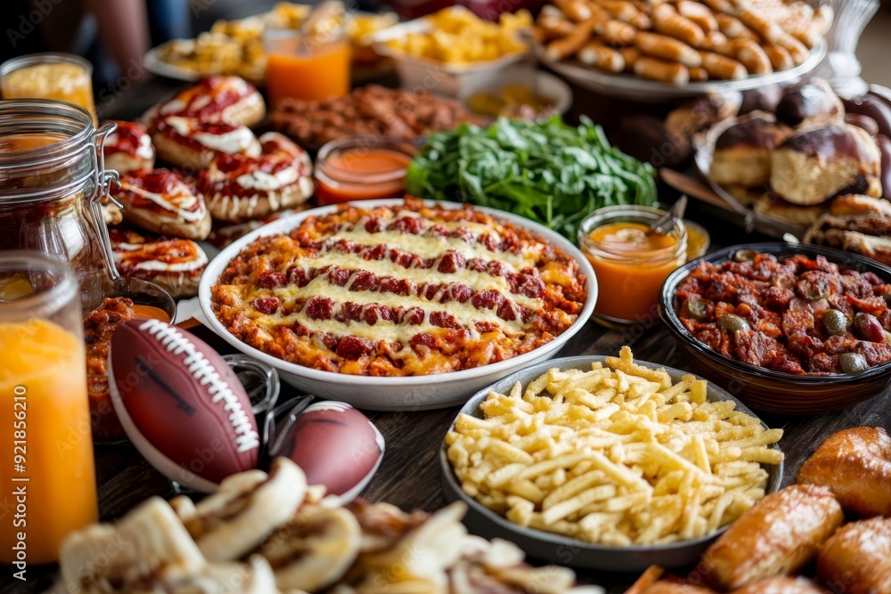 Football themed food table at super bowl party fan celebrating game season with festive decor Football themed food table at super bowl party fan celebrating game season with festive decor
