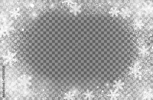 Christmas realistic snowfall with snowflakes overlay for winter holiday, vector transparent background. Winter snow fall effect with snowflakes or snowfall with ice sparkles for Christmas or New Year