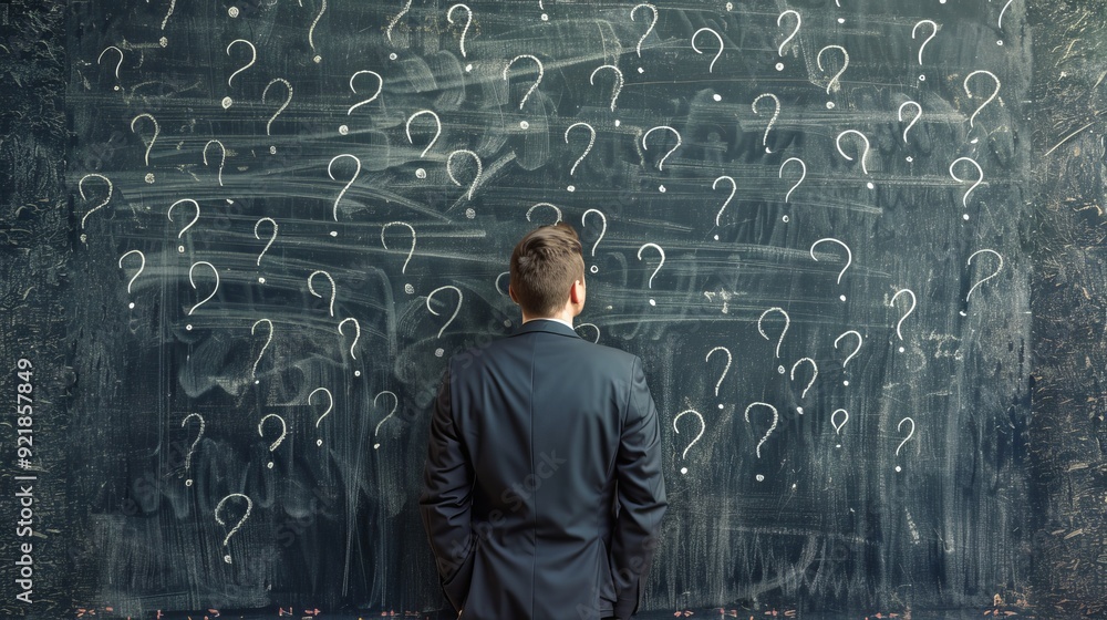 Stressed businessman at question filled blackboard, depicting complexity in problem solving Stressed businessman at question filled blackboard, depicting complexity in problem solving
