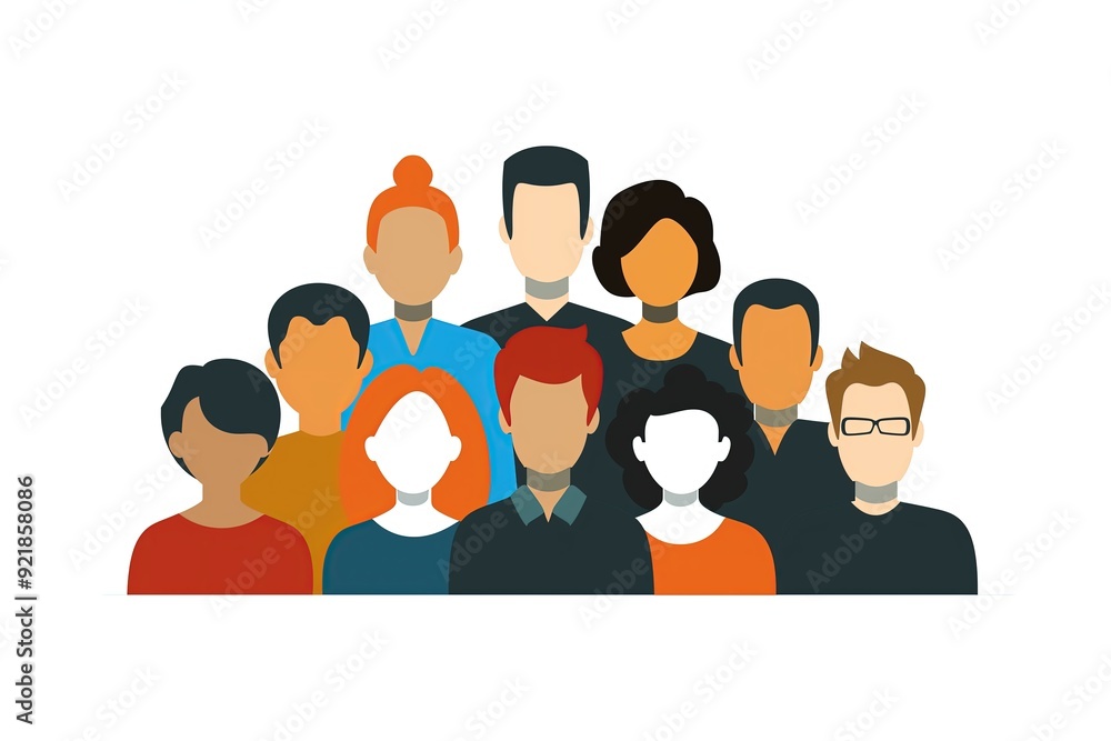 Cartoon illustration of a community of people. Network. Group chat members. Faceless characters of different ethnicity, diversity of staff members. Persons with neck bracelet, or choker Cartoon illustration of a community of people. Network. Group chat members. Faceless characters of different ethnicity, diversity of staff members. Persons with neck bracelet, or choker