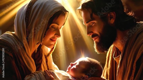 Mary and Joseph Kneeling Over Newborn Baby Jesus in Manger with Divine Light - new stock video footage AI photo