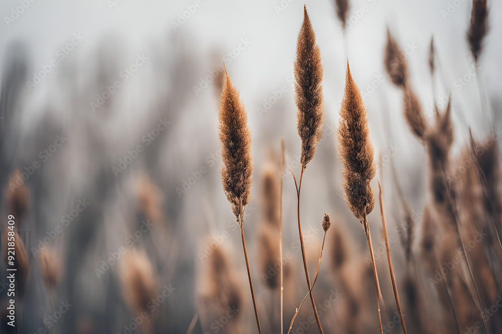 Fototapeta premium Brown dry ears of grass, reed over blurred grey sky, dark tree branches. Moody autumn, winter landscape. Closeup of fading wild plants. Seed stalks. Defocused background. Seasonal nature concept.