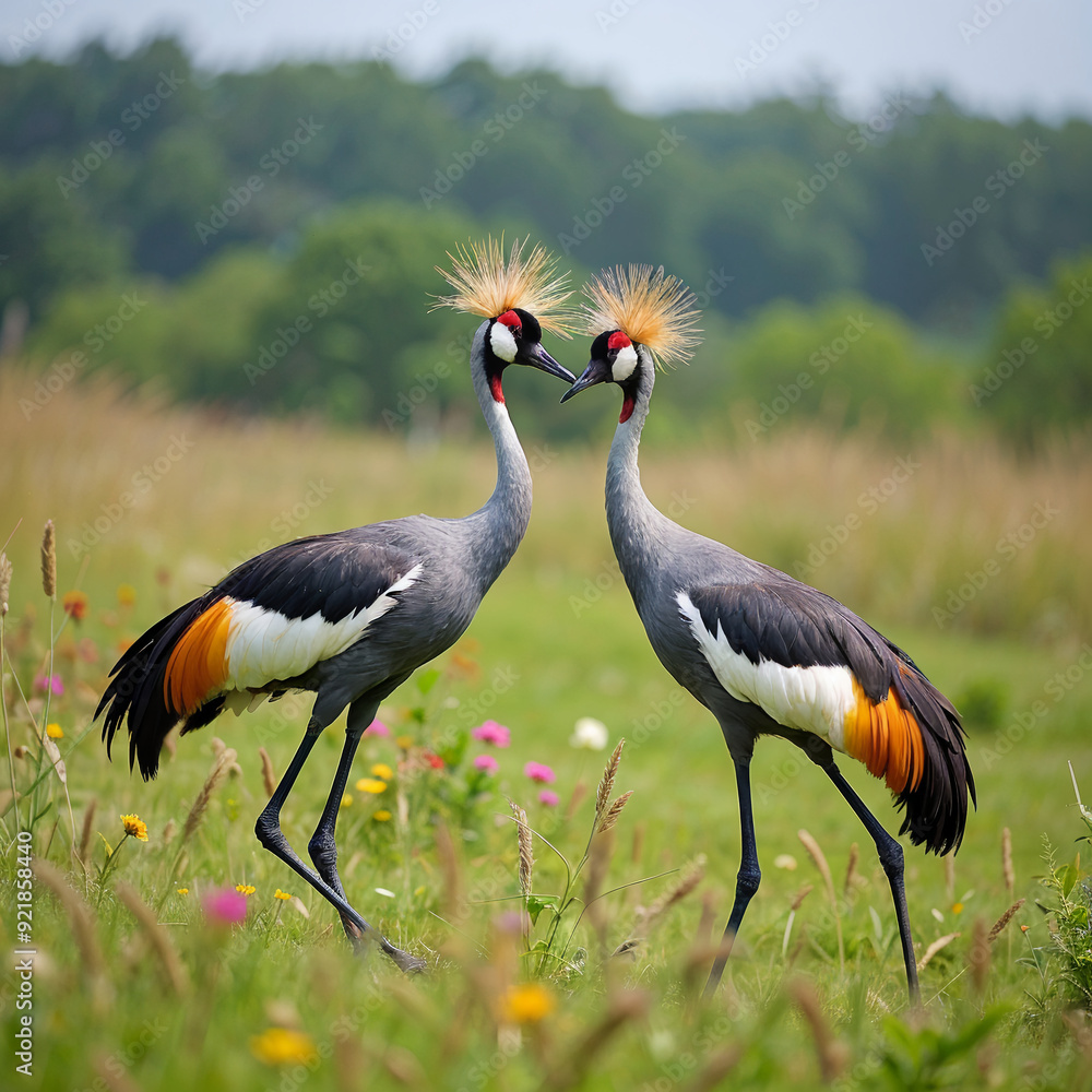Fototapeta premium Majestic Grey Crowned Cranes in Spring Meadow