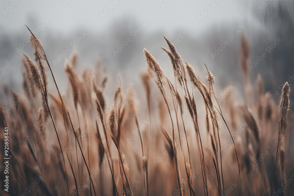 Obraz premium Brown dry ears of grass, reed over blurred grey sky, dark tree branches. Moody autumn, winter landscape. Closeup of fading wild plants. Seed stalks. Defocused background. Seasonal nature concept.