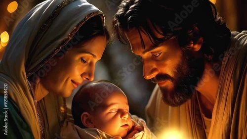 Mary and Joseph Kneeling Over Newborn Baby Jesus in Manger with Divine Light - new stock video footage AI