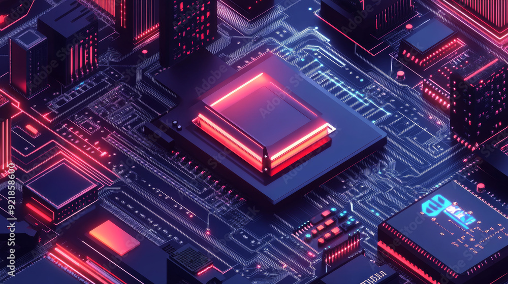 Futuristic microchip processor illuminated against a blue background. Represents quantum computing, large data processing, and database concepts. Isometric banner of a CPU, central computer processors Futuristic microchip processor illuminated against a blue background. Represents quantum computing, large data processing, and database concepts. Isometric banner of a CPU, central computer processors