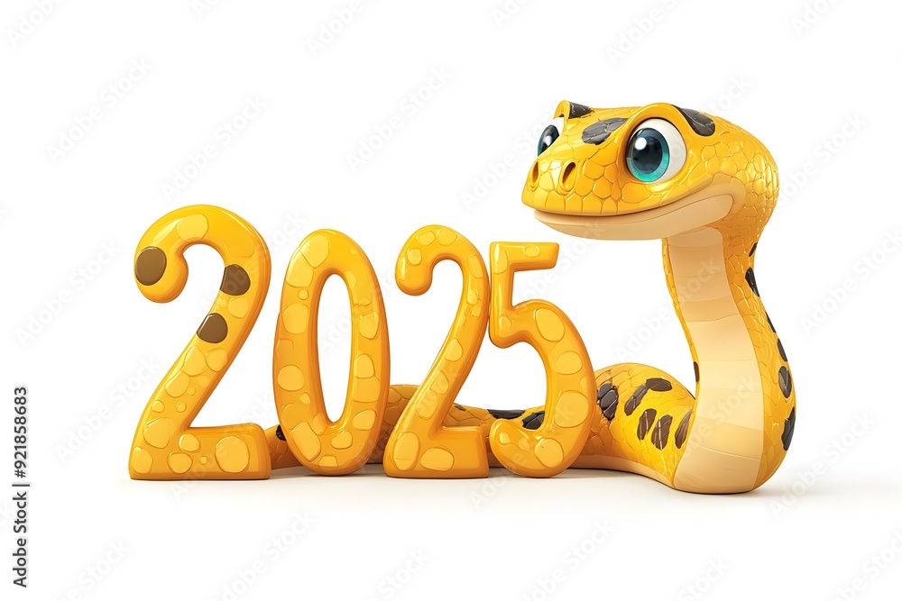 Whimsical 2025 Text Design with Friendly Cartoon Gold Snake on Isolated White Background Whimsical 2025 Text Design with Friendly Cartoon Gold Snake on Isolated White Background