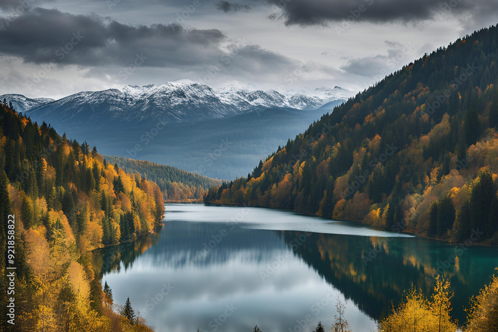 Obraz premium Lake Between Forests And Mountains