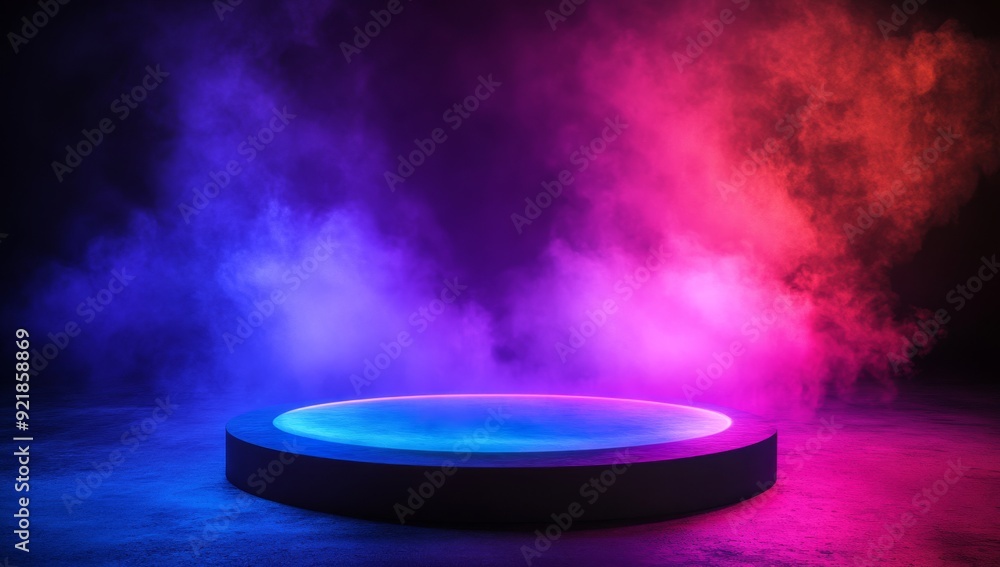 Abstract background podium scene with colorful smoke and neon light in dark room Abstract background podium scene with colorful smoke and neon light in dark room
